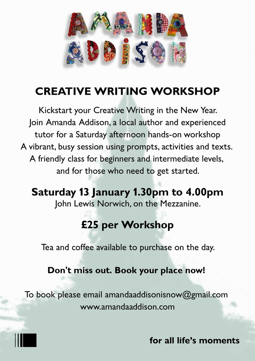 Kickstart your Creative Writing.
Join me, Amanda Addison, a local author and experienced tutor for a hands-on #creative #writing workshop on Saturday 13 January 1.30-4pm John Lewis Norwich
A vibrant, busy session using prompts, activities and texts to get writing.