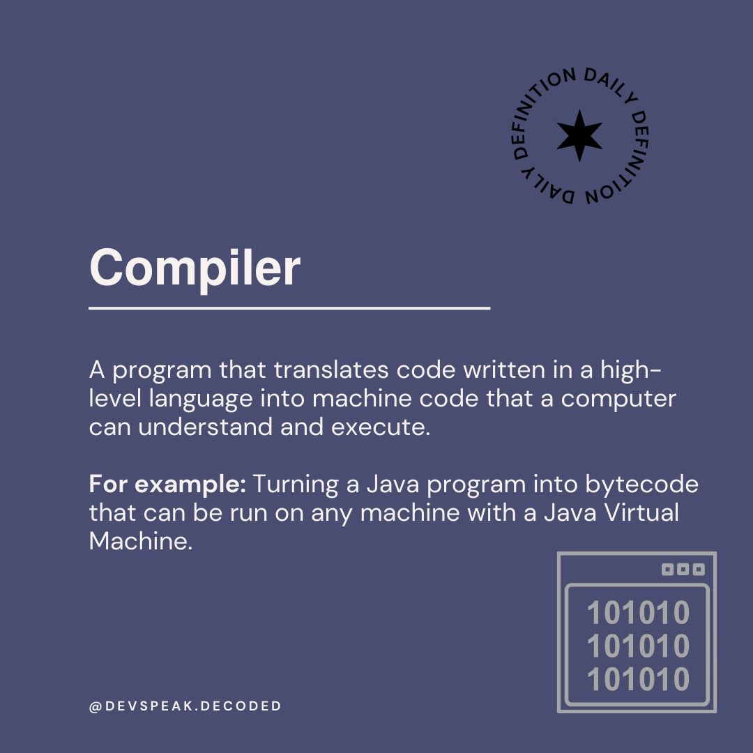 BuzzwordBuster's tweet photo. What is a #compiler?
#Web3 #web #gaming #GPU #programming  #language https://t.co/NU4ykIyMaq