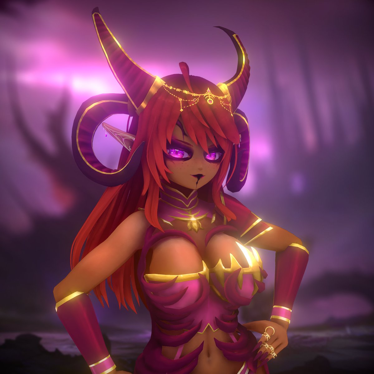 LaurArt_UK's tweet image. Now that @aliciaxlifeVT is putting out Warhammer vids, I wanted to share the outfit I built for her earlier in the year! 😈✨

We based the design around Slaanesh &amp;amp; chaos mommy vibes~

Thanks to @circuitcathy for weighting all the outfit parts!

#vtuber #3dmodeling