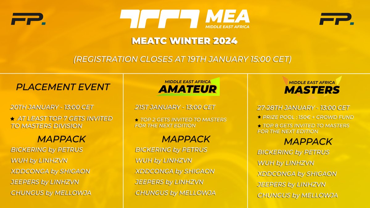 MEA_Trackmania's tweet photo. Announcing MEATC Winter 2024!
Placement Event, Amateur Division and Masters Division
The map pack is available on the MEA Trackmania Club.
💸150€ Prizepool
More information on the MEA Trackmania Discord: https://t.co/wqcF8LsFDq
Rulebook: https://t.co/SHVfzzdLRY https://t.co/adZtX9Y5a0