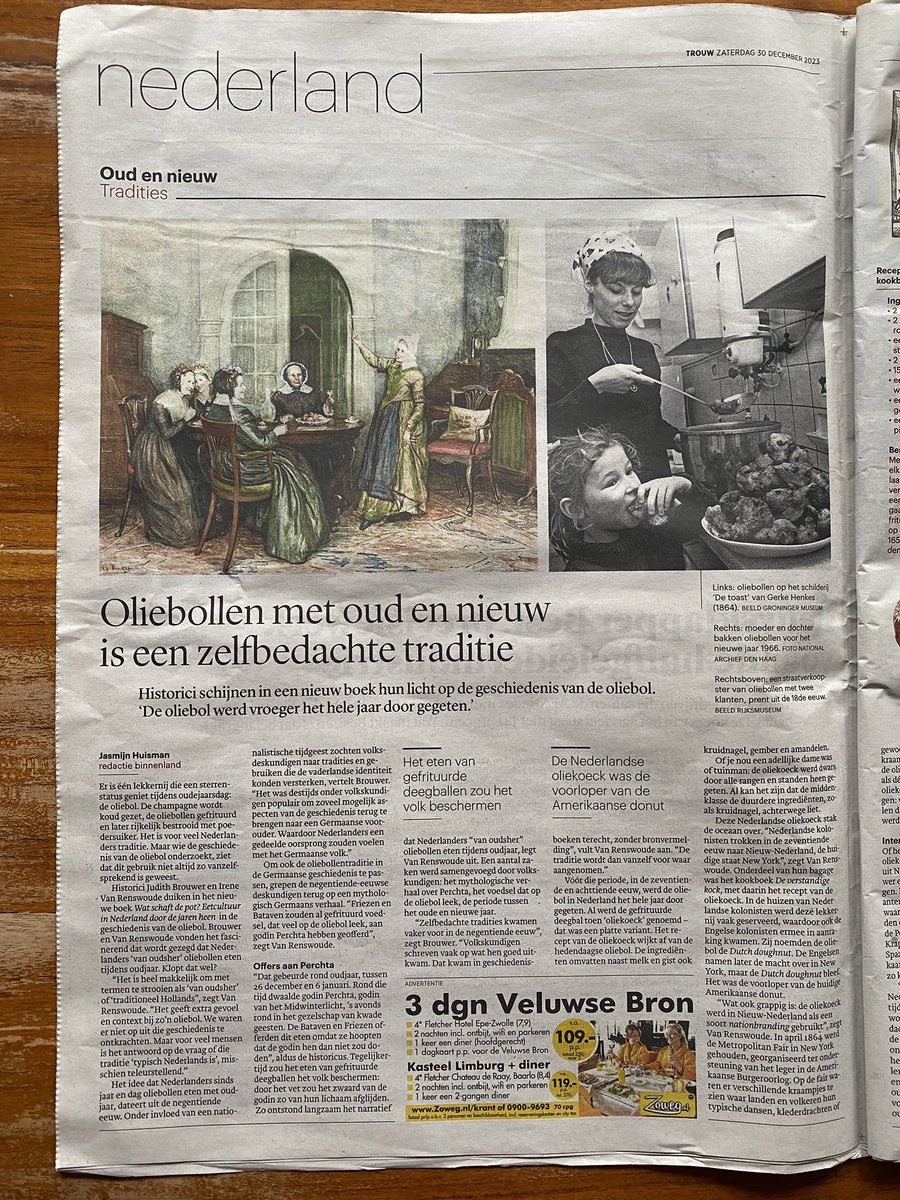 Zo leuk: voorpagina stuk in <a href="/trouw/">Trouw</a> vandaag, interview met ‘Wat schaft de pot?’-auteurs <a href="/JudithBrouwer4/">Judith Brouwer</a> en @IVanrenswoude! Over de geschiedenis van de klassieke Nederlandse (..of toch niet?) oudejaarssnack: de oliebol. 🍪