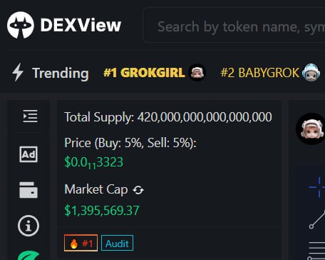 GROK GIRL is #1 Trending on DexView since launch.

Huge buybacks have been delivered, daily trending, Promoted AD banners on many DEX platforms, big partnerships, LBank &amp; MEXC Listed, CERTIK Audited.

What are you waiting for, FILL UP YOUR BAGS AND ENNJOY YOUR HUGE PROFIT !!