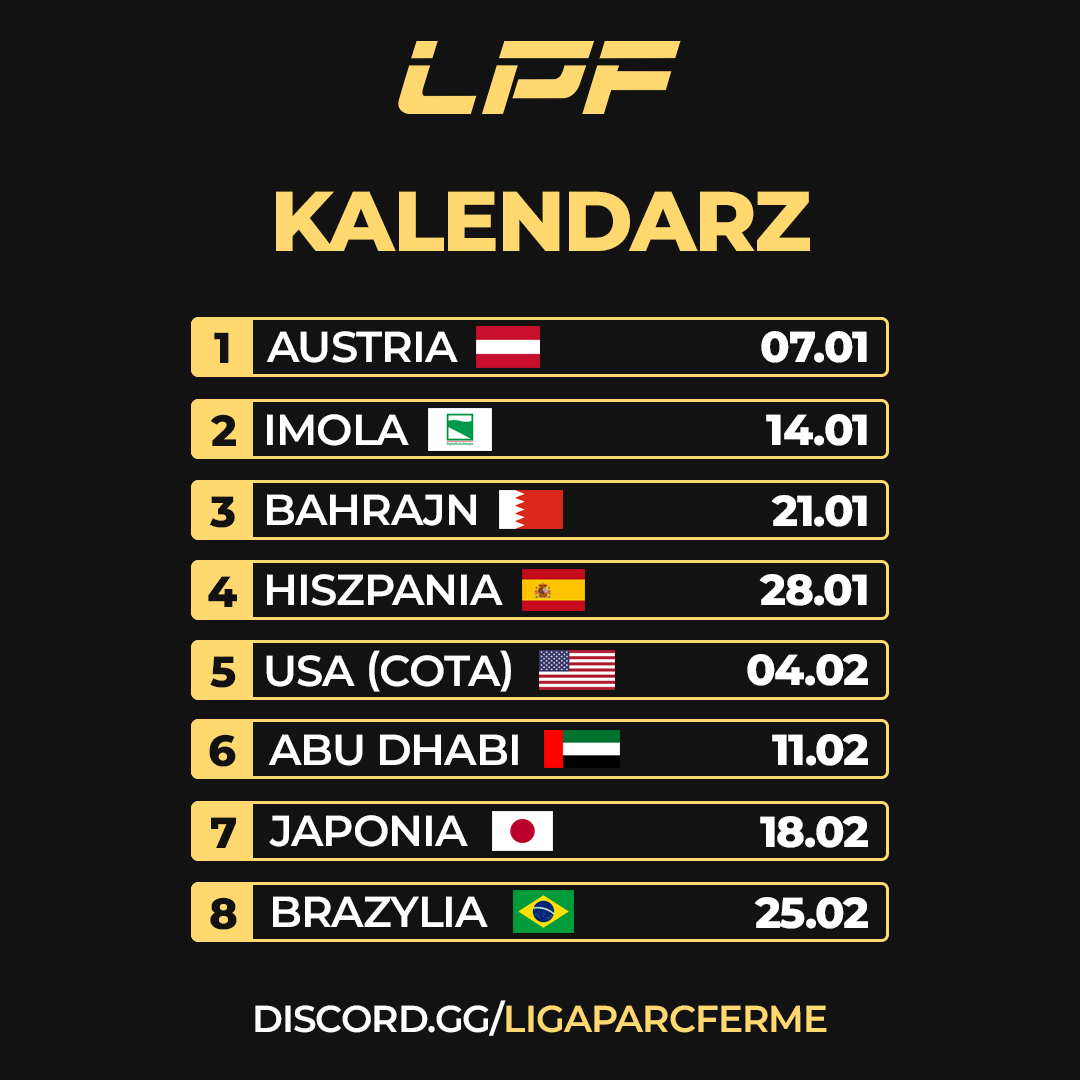 LigaParcFerme's tweet photo. Przedstawiamy kalendarz Splitu 4FUN!

Wyścigi będą rozgrywane we wszystkie niedziele stycznia i lutego, natomiast godzina startu została zaplanowana na 19:00. https://t.co/XFiS3016vv