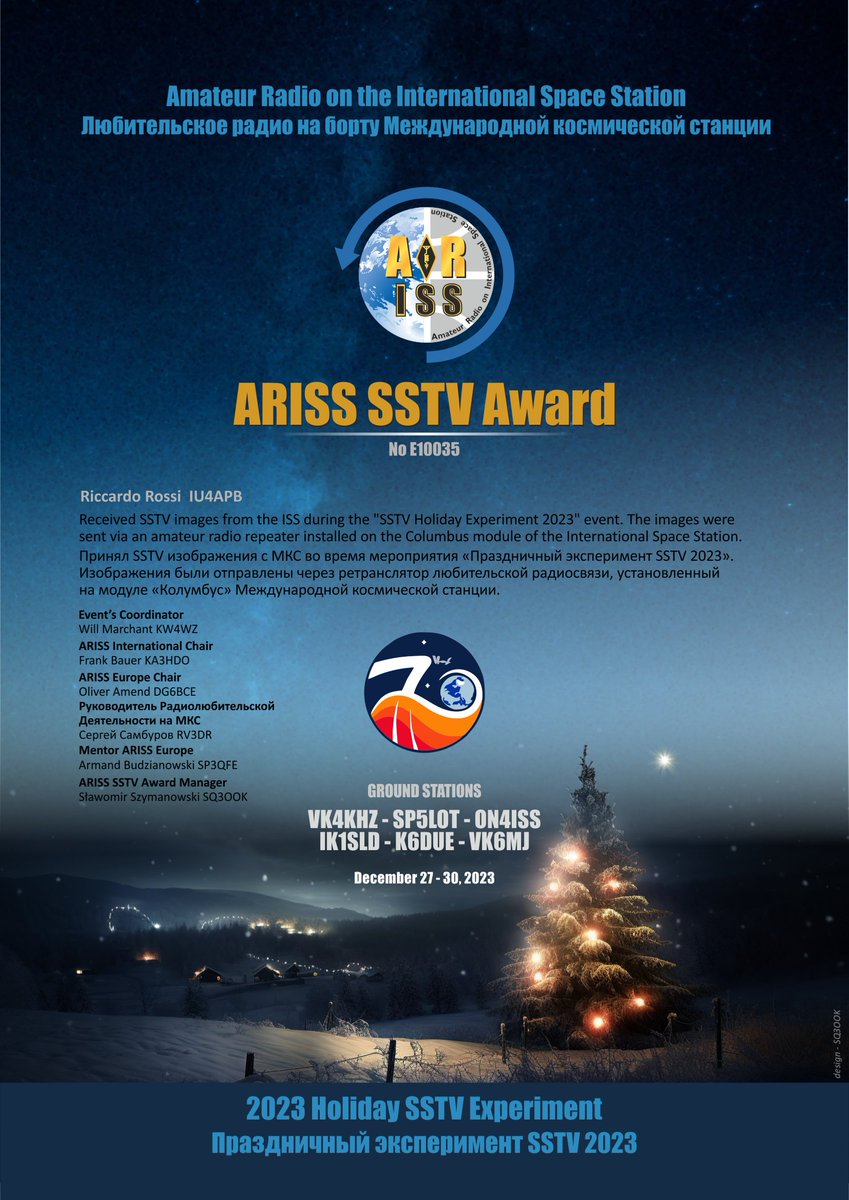 GRAND SUMMARY @ARISS_Intl Holiday #SSTV 🇪🇺 TX stations: @Tomek_SP5LOT & @IK1SLD_ARISS My equip: Arrow Antenna 146/437-10BP Kenwood TH-F6 RX-SSTV 2.1.6 28 images received (total/partial) Lesson learned: disable AFC QRM: F4EGG DJ0MA OE3K EA7JHK EA3TA DO4OFR UR5DBR SP3LO SV2CPH