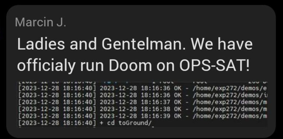 olafurw's tweet image. Doom in Space
Just in time for its 30th anniversary, on the 28th Doom ran on ESA's OPS-SAT satellite
I'm so grateful I got to help with this experiment and with expertise  from Georges Labrèche and great work from Marcin Jasiukowicz this became  a reality
github.com/olafurw/opssat…