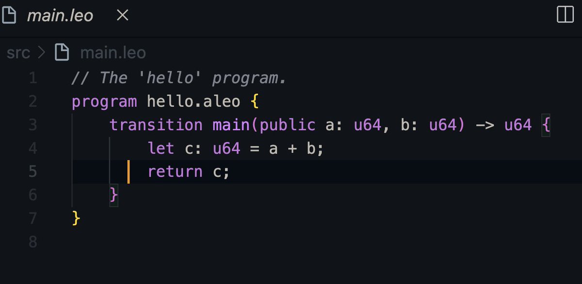 JamesOyanna's tweet photo. this Leo program defines a transition named main that takes two unsigned 64-bit integers a and b as input parameters.
It performs addition on these two numbers & returns the result as an unsigned 64-bit integer. -@alysiatech @AleoHQ @DrAdaku #aleozkhouselagos #aleolagos https://t.co/9ycknjZ92A