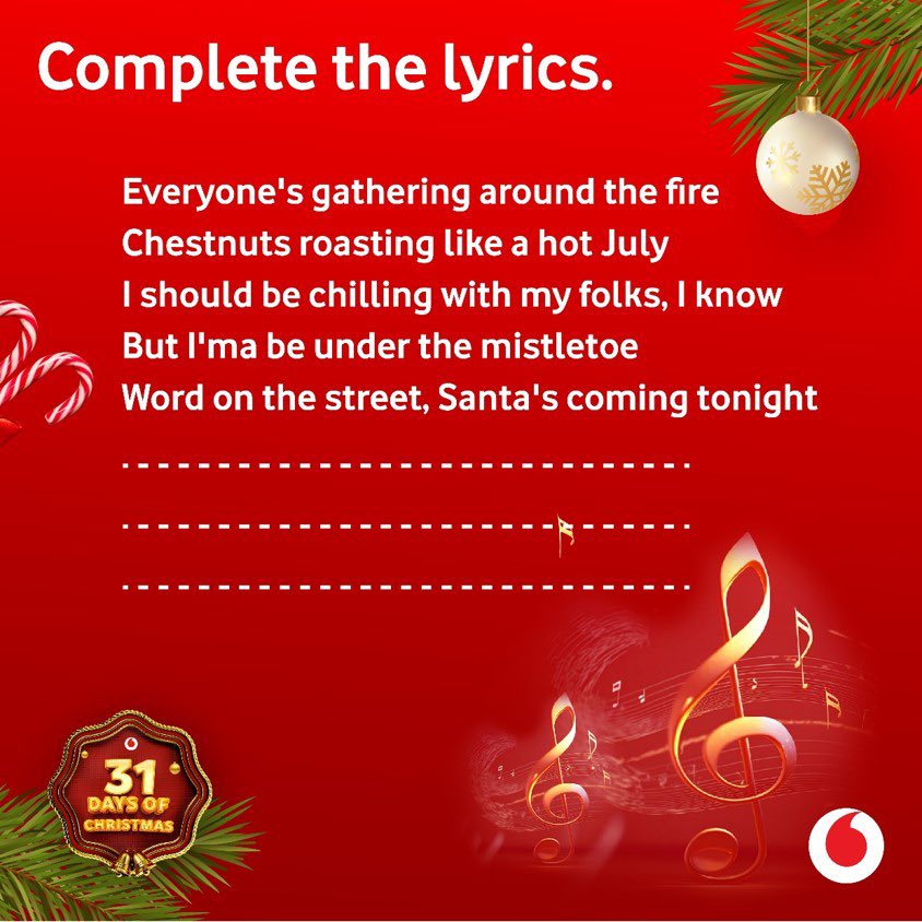 TelecelGhana's tweet photo. Ready to win more shopping vouchers, an Airfyer, and blenders? Complete the lyrics, and you could be the one! PS: Valid to Vodafone customers only! Winners are to be chosen at random. 

#31DaysofChristmas https://t.co/hhKIdNqdT6