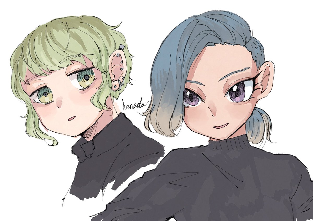 「擬人化キキョウとアザミ色つけた」|ハナダ‎(イ)のイラスト