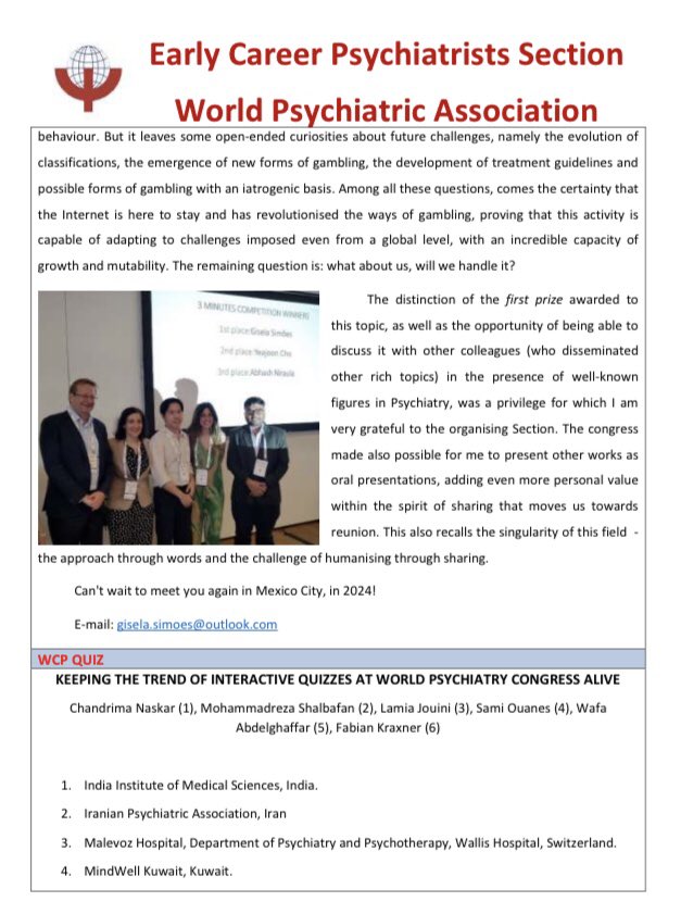 ecps_wpa's tweet photo. 📣Hot off the press📣 Check our last Newsletter of 2023 with articles from colleagues from across the world 🌍 from #WCP23 Congress in Vienna🇦🇹 &amp; World Psychiatry Exchange Program participants ✈️. Wishing you all a Happy, Healthy and Peaceful 2024 🤍🙏 https://t.co/swCuoDVvUH https://t.co/Z3EgFA1vp3