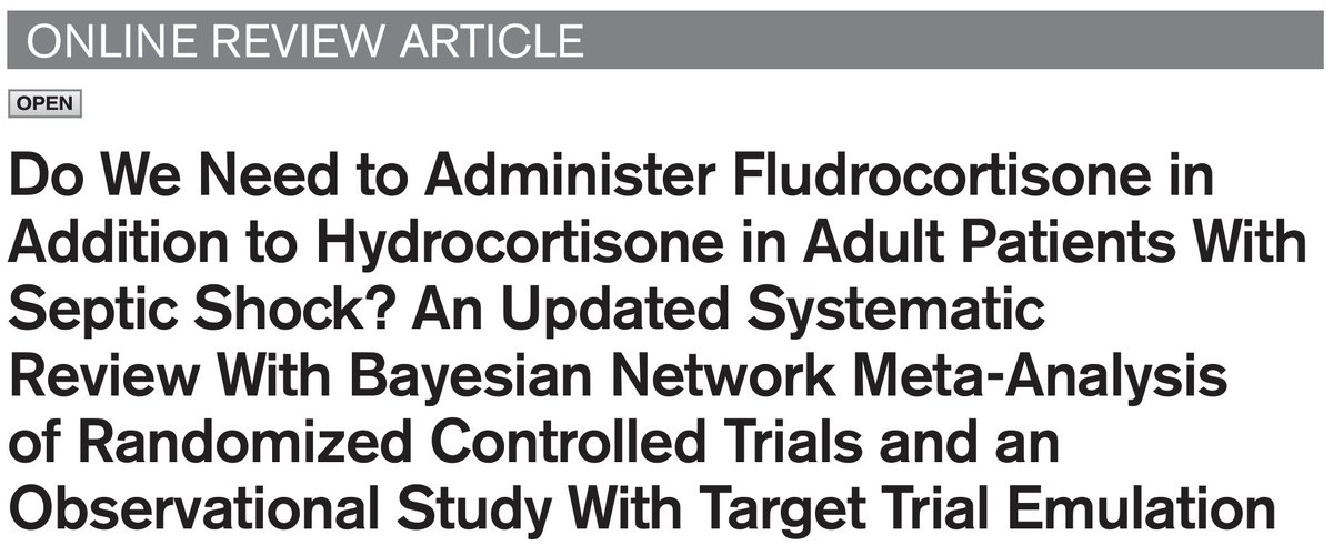 What is your steroid strategy in patients with vasopressor-resistant septic shock?

Hydrocortisone + fludrocortisone
 or
Hydrocortisone alone?

Any ongoing RCTs to answer this question?

A recent meta-analysis on this topic @CritCareMed 👇
🔗journals.lww.com/ccmjournal/ful…
#FOAMcc