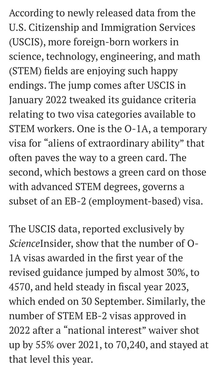 Major win for the US on high-skilled immigration policy:

“USCIS data show that the number of O-1A visas awarded in the first year of the revised guidance jumped by almost 30%

The number of STEM EB-2 visas after a ‘national interest’ waiver shot up by 55%”