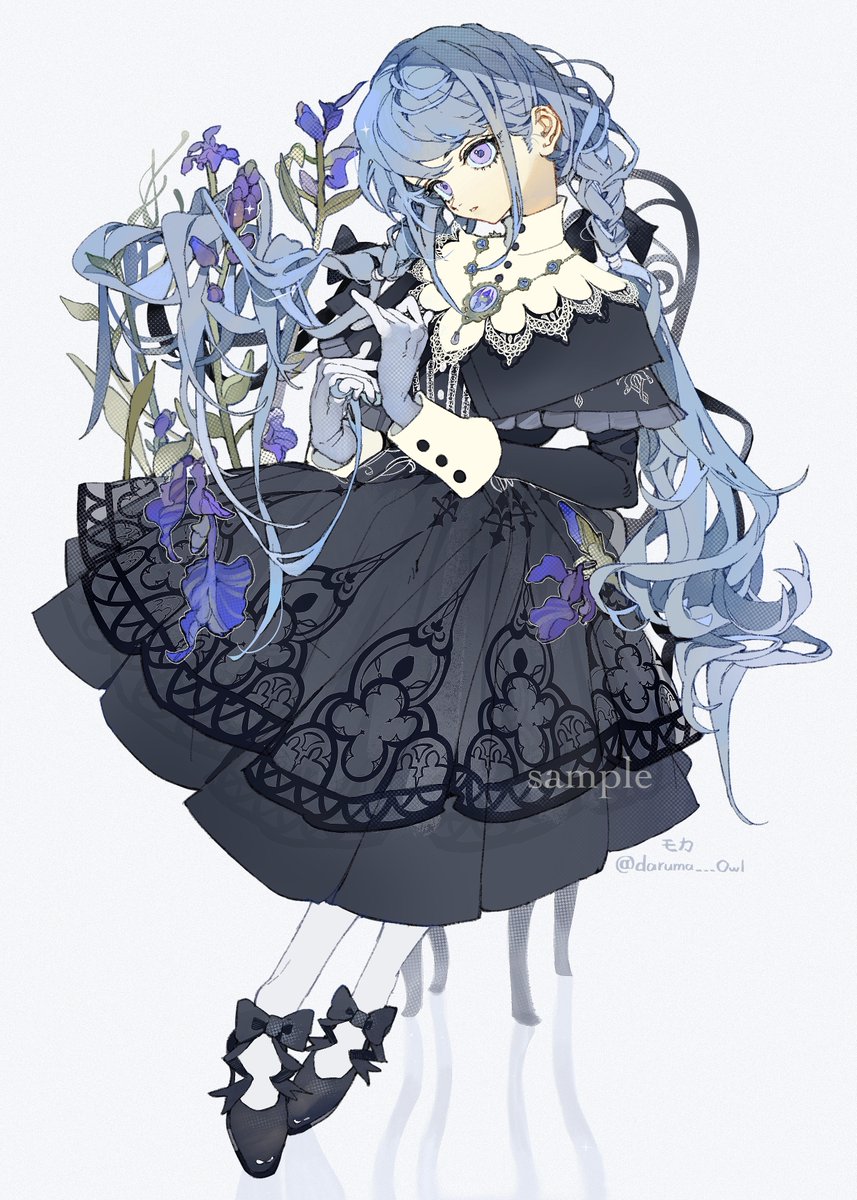 1girl solo long hair flower dress blue hair gloves  illustration images