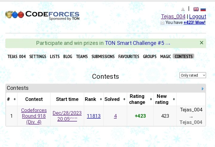 Tejas44945293's tweet photo. First time ever participated in any of the coding round(Round 918, Div 4)  and thrilled to secure a rank under 12k out of 42k participants, solved 4 out of 7 questions. An incredible start to my Competitive Programming journey! 💻🚀 #CodingJourney #Codeforces #AchievementUnlocked https://t.co/lhqvmSN8rn