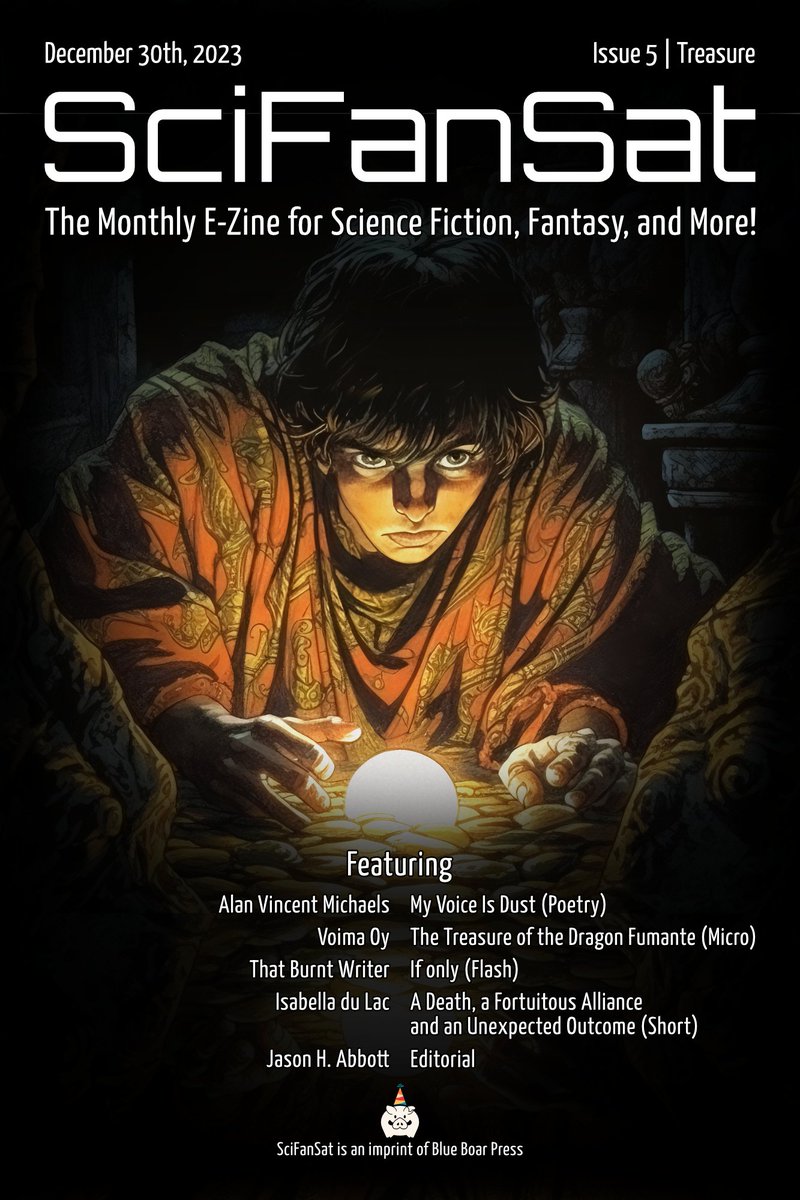 SciFanSat's tweet photo. AVAILABLE NOW! Issue five of #SciFanSat is live at https://t.co/1uHEUUprwd in the Current Issue viewer or as a download from the Archive!

Thank you to all who contributed! Visit our worlds of science fiction, fantasy, and more!

#AmWritingScifi #AmWritingFantasy #WritingPrompts https://t.co/PUOmdCY0wt