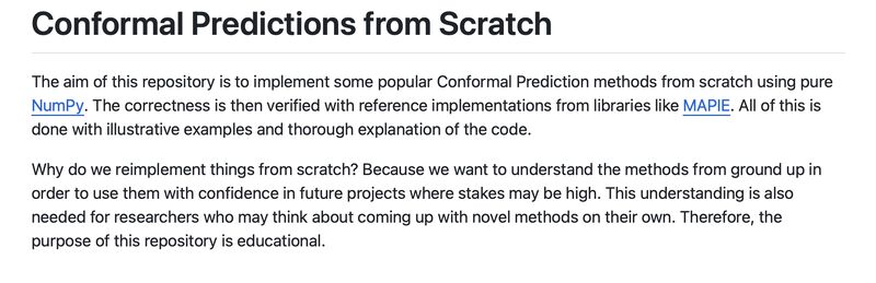 predict_addict's tweet image. BOOM 💥 - Conformal Prediction - hardcore style. There is no better way to really learn things than implementing them by hand. 

Jonas Wacker created a @karpathy style repo implementing conformal prediction in numpy! 🔥🔥🔥🔥🔥

#conformalprediction #numpy