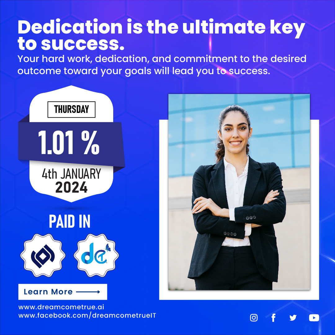 Dedication is the ultimate key to success.

Your hard work, dedication, and commitment to the desired outcome toward your goals will lead you to success. Success can be accomplished with honesty and serious pursuit of achievement. Visit dreamcometrue.ai