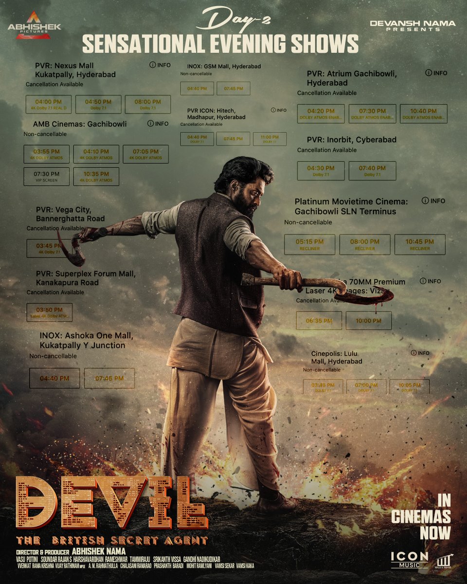 Devil_TheMovie's tweet photo. The audiences are flooding in to witness the majestic action of our #Devil 😎🥁

Day 2 Evening shows starts off with a bang all over 💥

Historical Blockbuster #Devil In Cinemas now💥

Book your tickets now! 🎫
https://t.co/2XM1FqohaT 

#DevilTheMovie
@NANDAMURIKALYAN
@iamsamyuktha_ 
Director & Producer #AbhishekNama 
@AbhishekPicture
