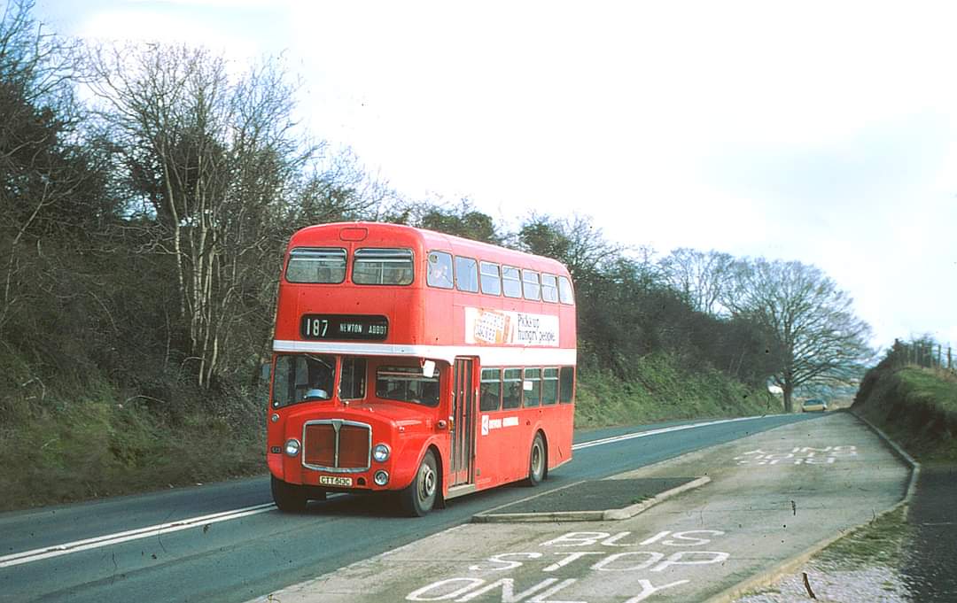 Seen passing the Wear Farm bus stop between Bishopsteignton & Kingsteignton, Park Royal-bodied AEC Regent V CTT 513C was the final AEC Regent in service with DG. It's now preserved & on long term loan to DGOT: dgot.org.uk.
Picture credit: DGS collection / Les Folkard