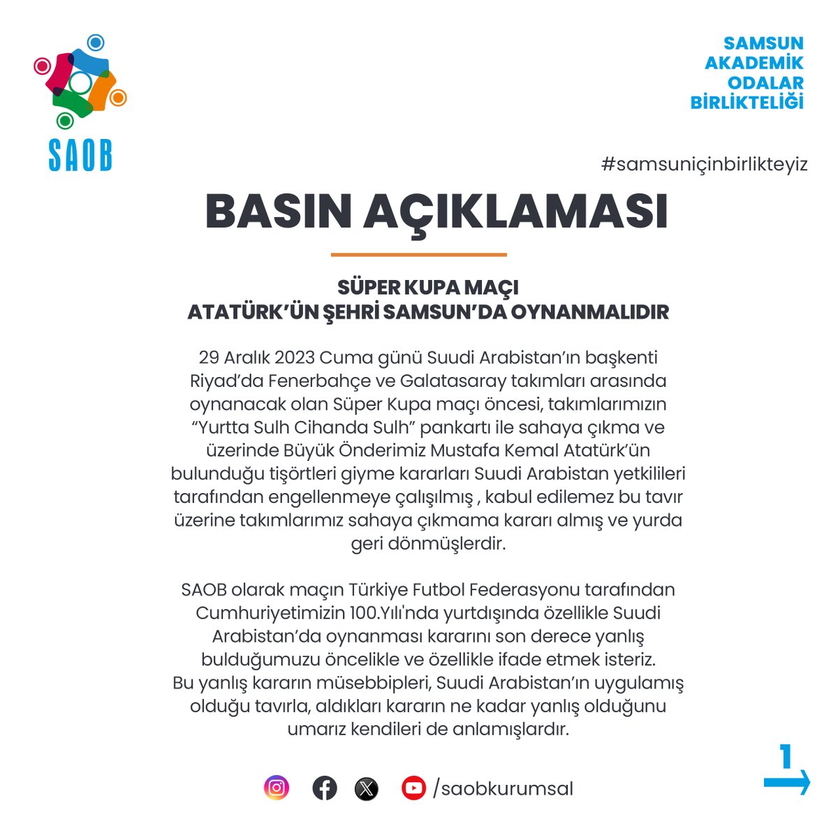 saobkurumsal's tweet photo. Dönem Koordinatörümüz ve Sözcümüz Dilaver Öğütçü'nün Basın Açıklaması!
"SÜPER KUPA MAÇI ATATÜRK’ÜN ŞEHRİ SAMSUN’DA OYNANMALIDIR"
@TFF_Org @Fenerbahce @GalatasaraySK
#saob #samsun #samsuniçin #samsuniçinbirlikteyiz https://t.co/7NvLsS09uL