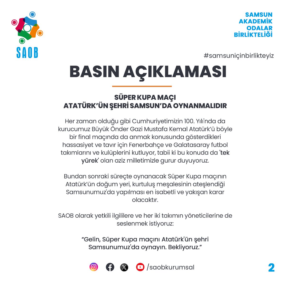 saobkurumsal's tweet photo. Dönem Koordinatörümüz ve Sözcümüz Dilaver Öğütçü'nün Basın Açıklaması!
"SÜPER KUPA MAÇI ATATÜRK’ÜN ŞEHRİ SAMSUN’DA OYNANMALIDIR"
@TFF_Org @Fenerbahce @GalatasaraySK
#saob #samsun #samsuniçin #samsuniçinbirlikteyiz https://t.co/7NvLsS09uL
