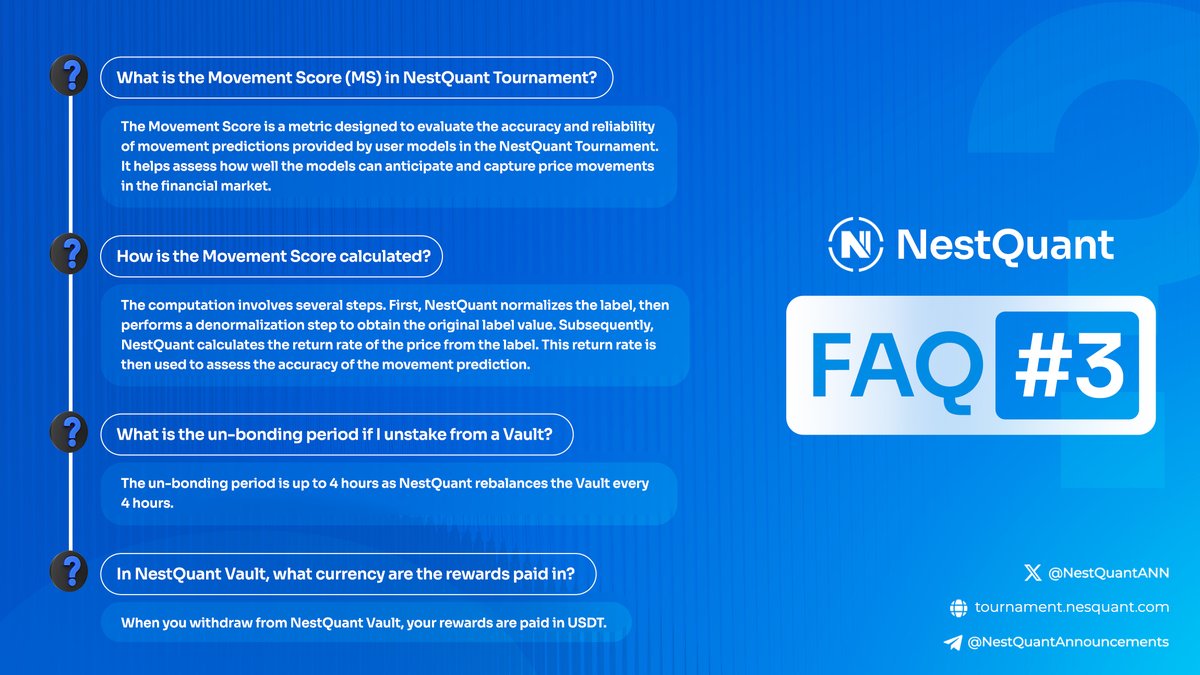 🔍This week, unravel the mysteries of the Tournament's Movement Score and Vaults in our Weekly FAQs #3.

#NestQuant #QuantitativeTrading #QuantTrade #Trading #deeplearning #datascience #Oraichain