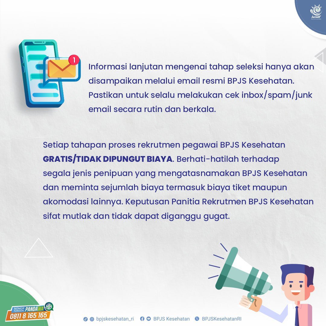 Halo, Sahabat.
Saat ini, BPJS Kesehatan sedang membuka rekrutmen Pegawai untuk periode tahun
2024 Loh!

Kualifikasi pendaftar dapat dilihat di slide berikutnya pada postingan ini. Pendaftaran dapat dilakukan melalui:

rekrutmen.bpjs-kesehatan.go.id