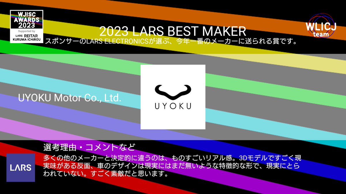 WLICJ_team's tweet photo. 2023 LARS BEST MAKER 賞
UYOKU Motor Co., Ltd.
@uyokumotors 
#WJISC_AWARDS_2023 https://t.co/04LJI92jN1