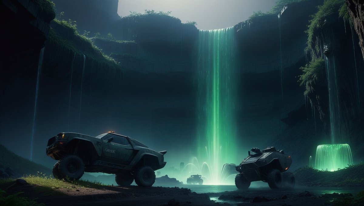 In a cavernous expanse where waterfalls cascade like liquid emeralds, rugged all-terrain vehicles stand ready to embark on an otherworldly expedition. The alien landscape glows, promising adventure and the thrill of the unknown. #SciFiLandscape #OffroadAdventure 🚀🌌🛸