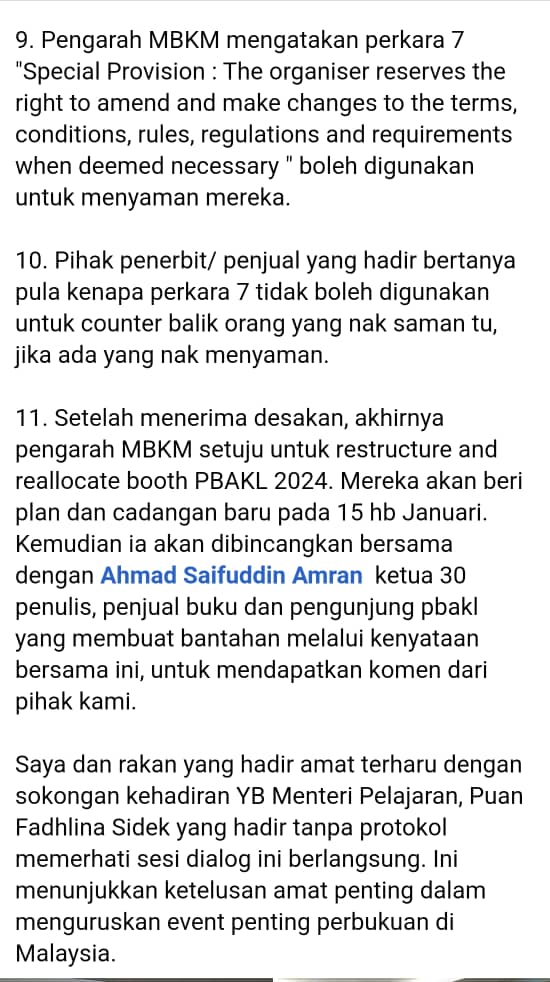 Selama lebih 2 minggu kecoh isu Pesta Buku Antarabangsa Kuala Lumpur tanpa sebarang tindakan. 

Semalam berlangsung sesi antara penerbit/pekedai kecil dengan penganjur PBAKL (MBKM, Mabopa dsb).

Boleh baca tulisan <a href="/kasiterbit/">kasi terbit x kata kata</a> ini apa kata putus (macam tak ada sebenarnya) semalam.