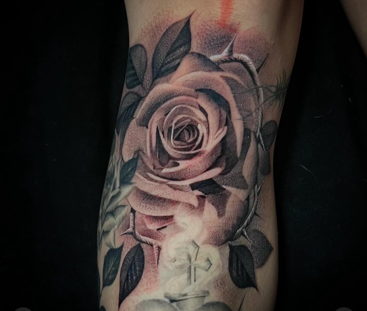 KalmOne's tweet photo. Roses are one of my favorite images to tattoo. Thank you all  for trusting me in 2023! Goals are set for the New Year. Let’s meet them! Booking January-March! Email me at Kalm3FR@yahoo.com #KalmOne #RiseFromASH #3FR #SouthPaw #RoseTattoo #CustomLettering #Fineline #BigSleepsInk https://t.co/NjpRogKmrQ