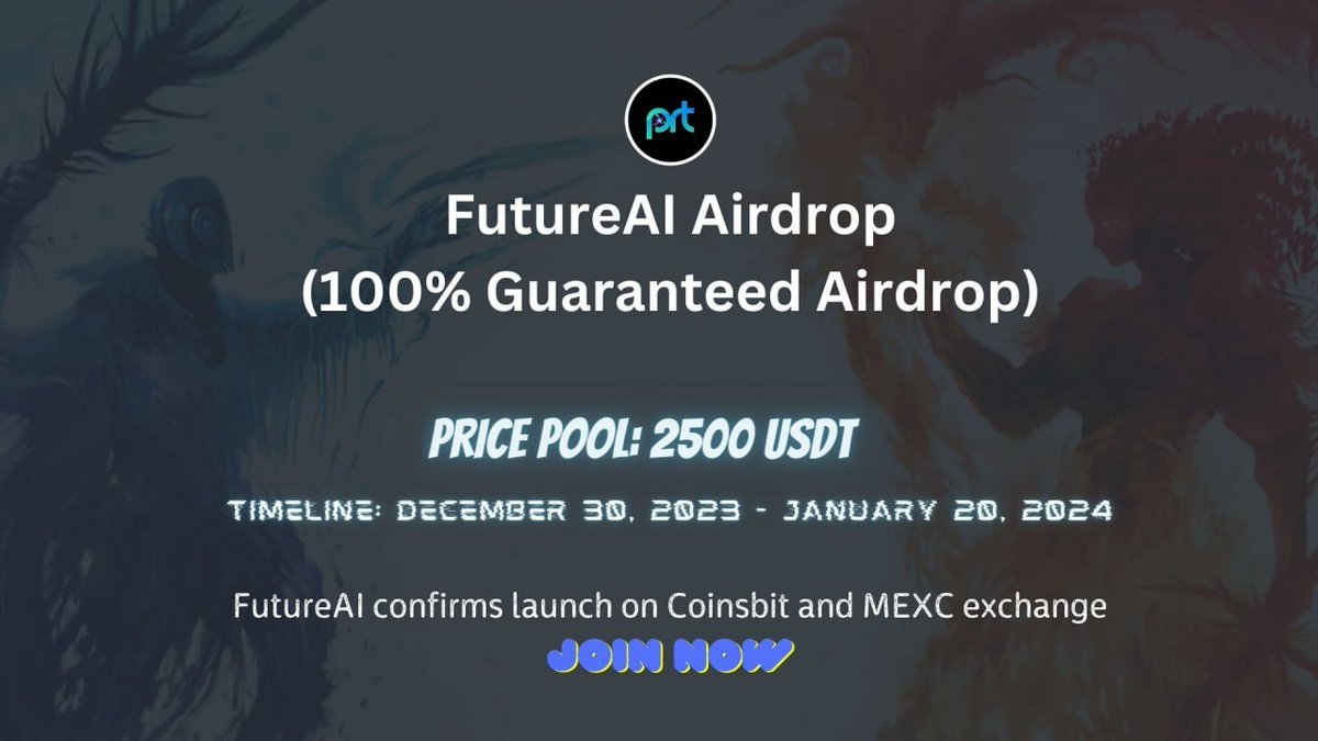 Airdrop6_com's tweet photo. New #airdrop: FutureAI (USDT &amp; Random 1000)
Reward: 2 USDT (Guaranteed)
News: MEXC, Coinsbit
Distribution date: January 23th

🔗Airdrop Link: https://t.co/g5B1EJKBNT

The top 200 referrals will each get more USDT
#Airdrop6 https://t.co/Dw4NRF2hFM