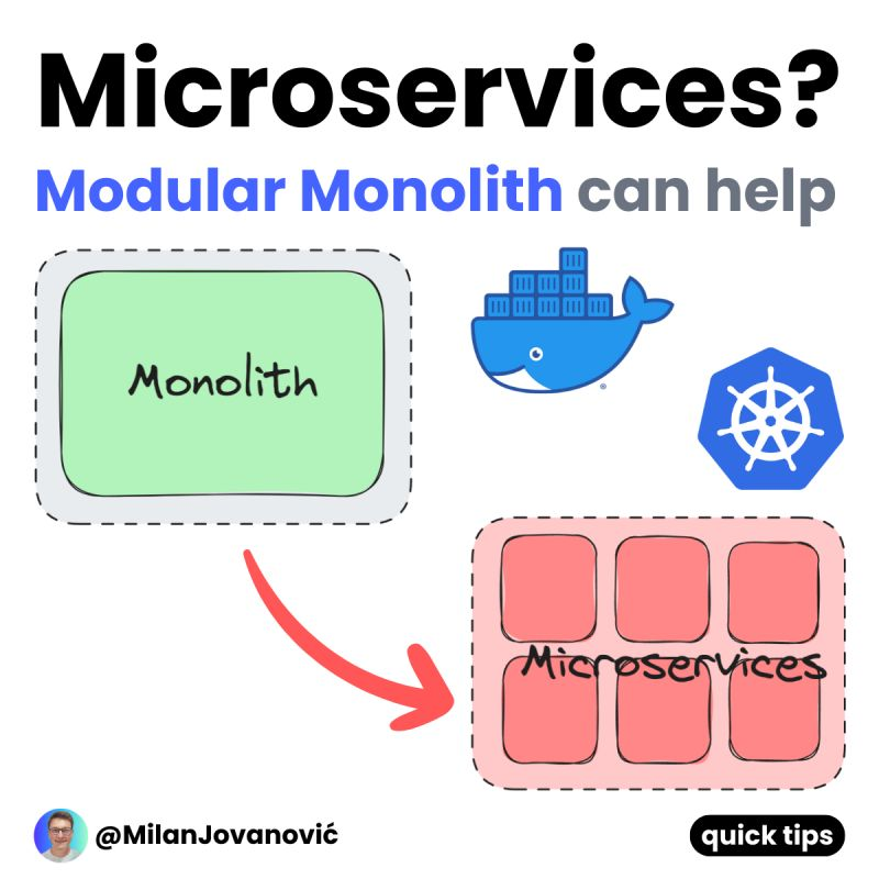 mjovanovictech's tweet photo. Are you working on moving the Monolith to Microservices architecture?

You can use the Strangler Fig pattern.

The name of this pattern is a bit funny.

It's an analogy for a plant that starts as a vine growing alongside an older, established tree. Eventually, it grows and replaces the original tree.

So, what does this have to do with moving to Microservices?

The Strangler Fig pattern identifies parts of the monolith that we can pull out. You can think of it as a group of related features.

You take the related features and pull them out of the monolith.

Once the system is stable and everything works as expected, repeat this process. Find another set of features, and pull them out of the monolith.

After a few iterations, the individual services replace the entire monolith.

But there's a better way to do this.

It's called the Modular monolith architecture.
 
Here's how it can make switching to Microservices faster: https://t.co/oaeOu3Kraw

---

P.S. If you liked this, consider joining The .NET Weekly - my newsletter with 36,000+ engineers that teaches you how to improve at .NET and software architecture.

Subscribe here → https://t.co/zeSWQFMIk8