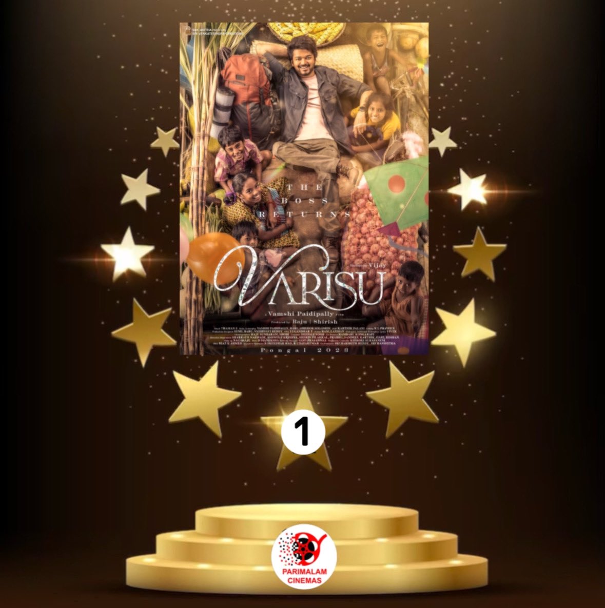 Parimalamcinema's tweet photo. #ParimalamcinemasTop5movies2023

#Varisu in 1st place. 

#Thalapathy #Vijay @actorvijay @directorvamshi @iamRashmika @MusicThaman @7screenstudio 
#MegaBlockbusterVarisu https://t.co/0yGoCT7T43