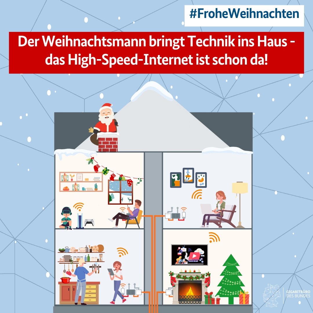 Wenn der Weihnachtsmann 🎅 technisch aufrüstet, braucht das Haus 🏠 schnelles Internet! Durch den Glasfaserausbau wird Weihnachtszauber auch zu Ihnen gebracht. 
Einen #GutenRutsch wünscht das #Gigabitbüro! #SmartHomeMagic #SchnellerAlsRudolph