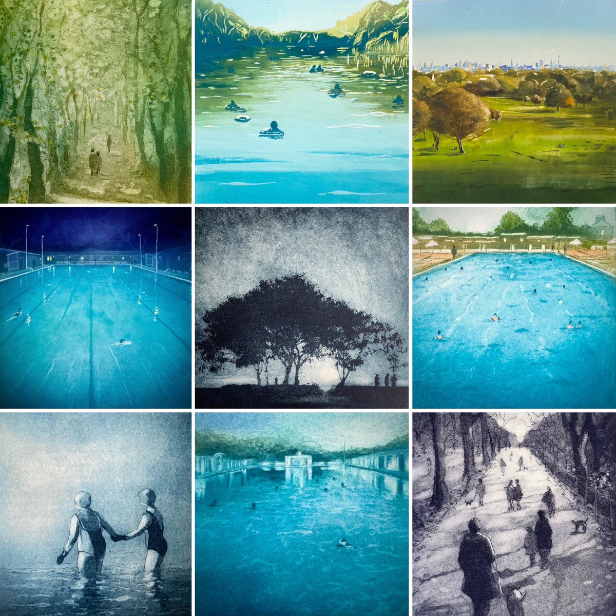 My top nine prints of 2023.. Etchings, linocuts and monotypes of lidos, wild swimmers and the Heath. Thank you for your support this year. Wishing you all a very happy and productive 2024! #TopNine2023 #lido #art #swimming #swimmer #hampsteadheath