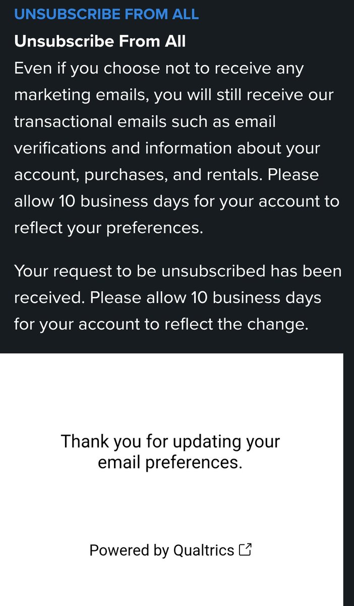 NickDoesData's tweet photo. @Qualtrics why do unsubscribes using your platform take *10 business days* ? What technology possibly requires 10 business days to remove my email from a table https://t.co/5f8zyo9wbX