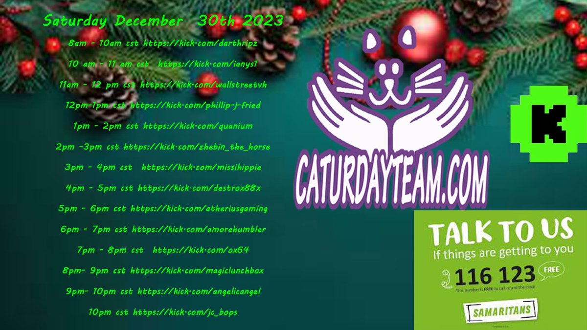 Tonight I will be streaming for Team Caturday in support of the Samaritans suicide hotline . This will be on Kick only (no multistream)

starting at midnight SGT/11am ET (30 Dec)

kick.com/ianys1