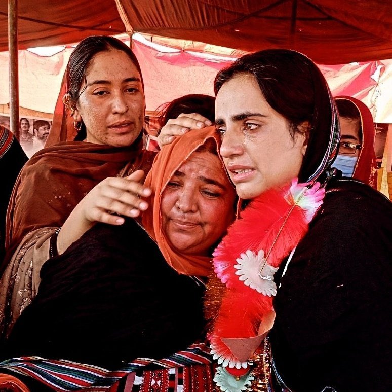 This is the entire Balochistan in just one picture. 

Seema Baloch who’s brother is abducted by the state, Najma Baloch, who’s brother was killed in a fake encounter by the state and Mahrang Baloch who’s father was abducted, killed and dumbed by the state.