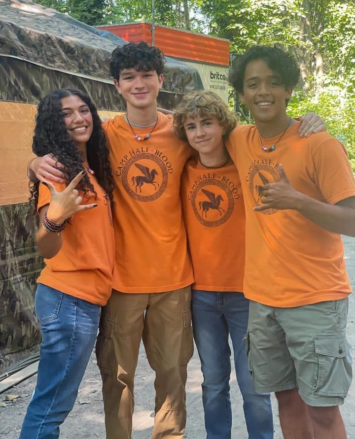 Walker Scobell, Charlie Bushnell, Dior Goodjohn and Andrew Alvarez on the set #PercyJacksonAndTheOlympians