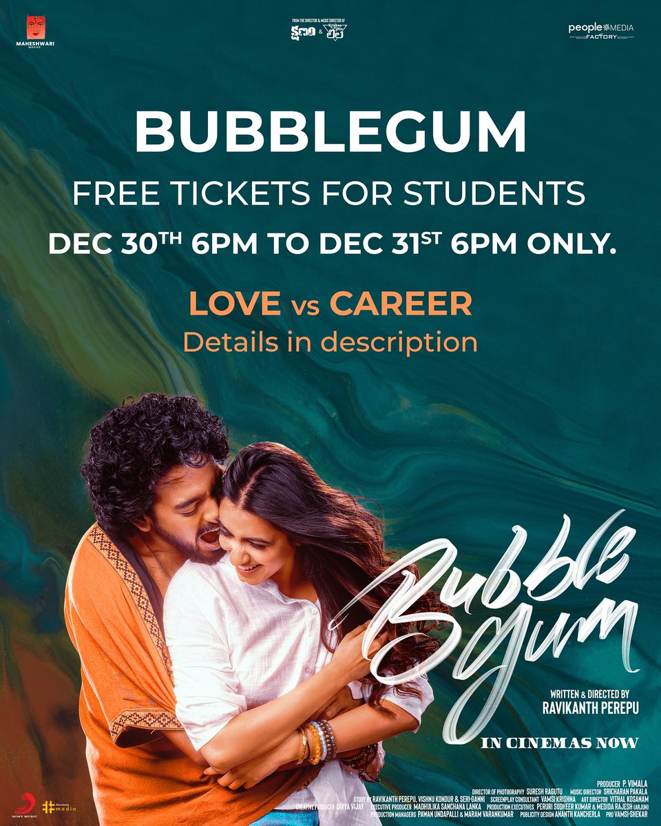 Free tickets of #Bubblegum for students on first come first serve basis 💯 DEC 30th - Chitralaya Mall, Vizag 7:20pm - Vijay Lakshmi theatre, Bhimavaram 6PM - Laila mall, Vijayawada 7:05 pm show - NVR Velrams theatre, Tirupati 6pm show )