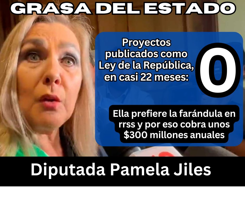 Radar_C_L's tweet photo. La diputada @PamJiles no ha publicado una sola Ley en casi 22 meses de "trabajo". La cifra fue obtenida desde la base de datos en la página oficial de la @Camara_cl. Unos $300 millones anuales a la basura en medio de innumerables críticas a su inútil gestión como parlamentaria. https://t.co/Tg820sl4sy