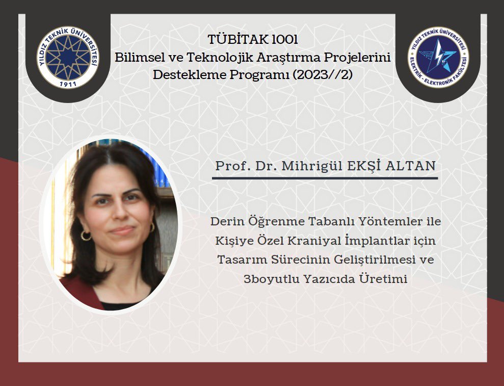 TÜBİTAK 1001 Bilimsel ve Teknolojik Araştırma Projelerini Destekleme Programı kapsamında projesi desteklenen Biyomedikal Mühendisliği Bölümü öğretim üyesi Prof. Dr. Mihrigül Ekşi Altan'ı tebrik eder, başarılarının devamını dileriz. Yıldızımız hep parlasın 💫 #ArGedeLiderYTU