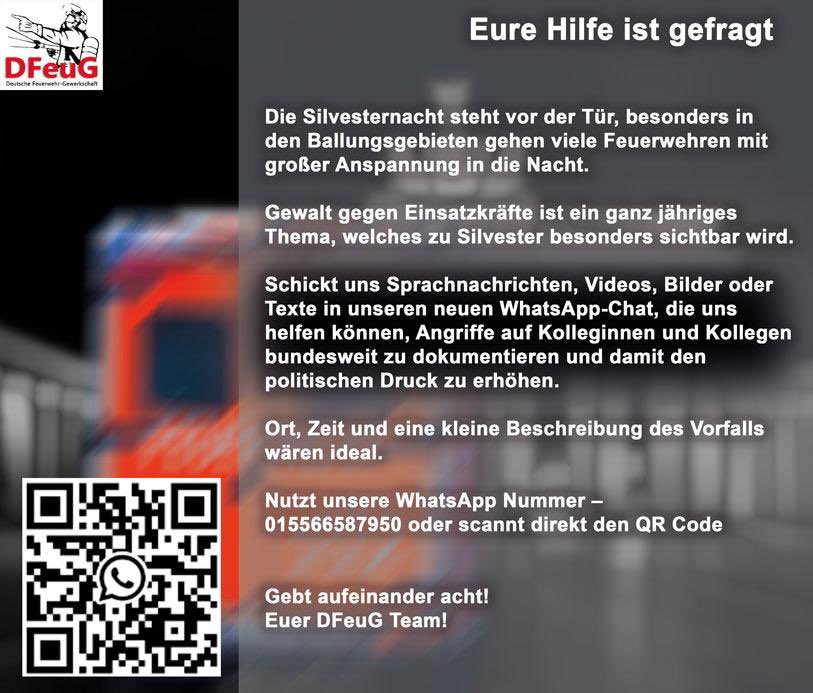 EURE HILFE IST GEFRAGT. 

(...) 
Nutzt unsere WhatsApp Nummer - 015566587950 oder scannt direkt den QR Code

Gebt aufeinander acht!
Euer DFeuG Team!
