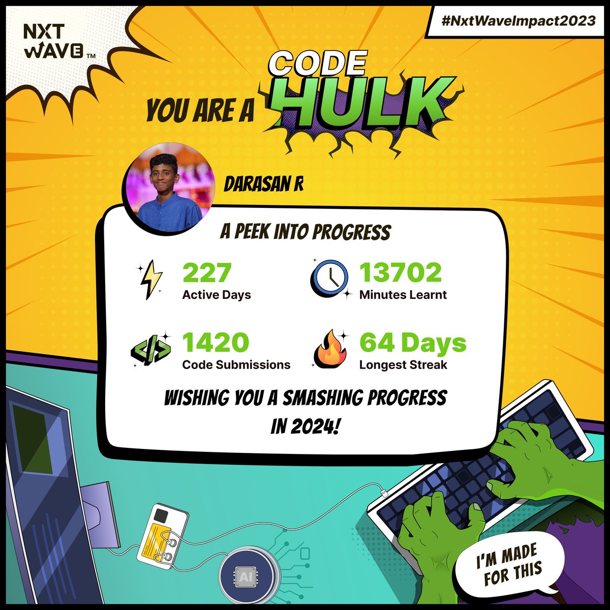 rdarasan26's tweet photo. Hello! Good Morning to all 
My #NxtWaveImpact2023 in learning
* 227 Active Days 
* 13,702 Minutes (228 hours) 
* 1420 Code submitted
* 64 longest streak 
#ccbp #2023 #nxtwave #NewYear2024 #code #Python #HTML #CSS #FrontEnd #development #programming #computerscience https://t.co/MfJ4ns8xCS