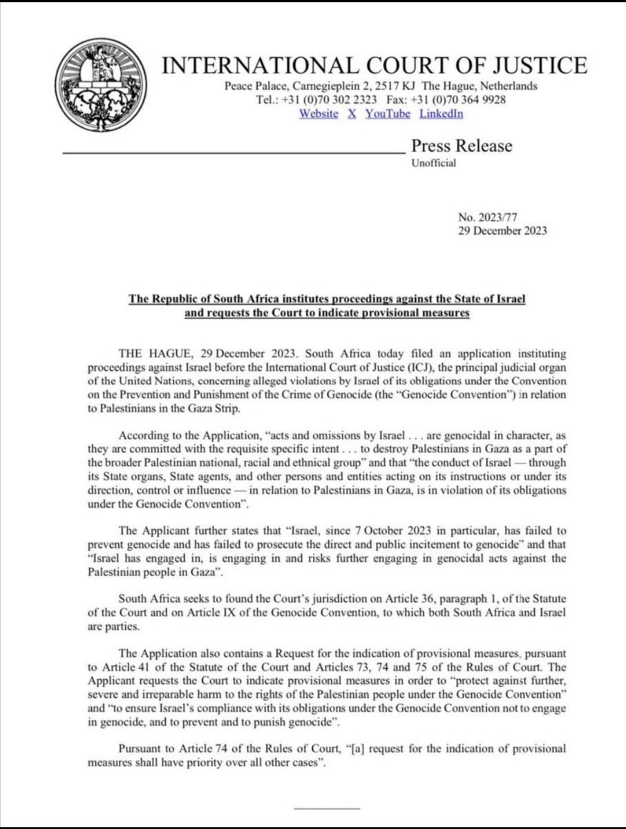 Ireland must join South Africa in proceedings against Israel before International Court of Justice concerning violations by Israel under Convention on Prevention & Punishment of Crime of Genocide in relation to Palestinians in Gaza Act now @LeoVaradkar @MichealMartinTD #Palestine