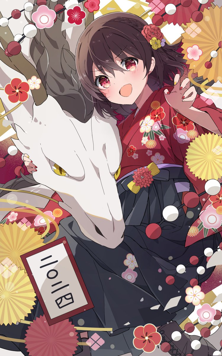 1girl dragon japanese clothes red eyes kimono flower red kimono  illustration images