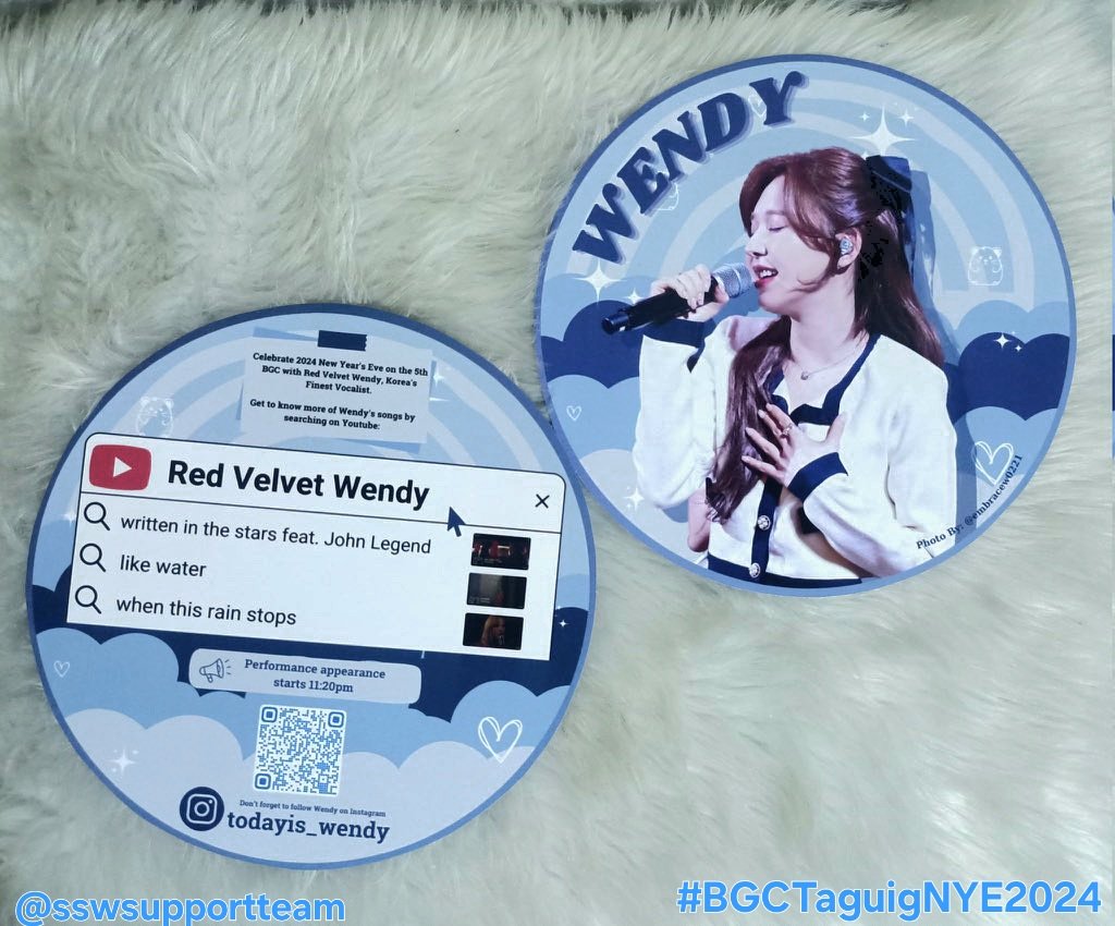 SSWSupportTeam's tweet photo. [ WENDY x #BGCTaguigNYE2024 ]

The New Year's Eve Celebration on 5th Ave BGC on the 31st will be attended by k-pop and non kpop fans so we prepared additional handfans with introduction to some of #WENDY's songs so locals can also check it out 🙂 

Other fanprojects/banners refer to @WorldOf_Wendy

#BGCTaguigNYE2024_WENDY #WENDY @RVsmtown

*Thank you to @embracew0221 for the unreleased photo and @wanhyun_ for the edit