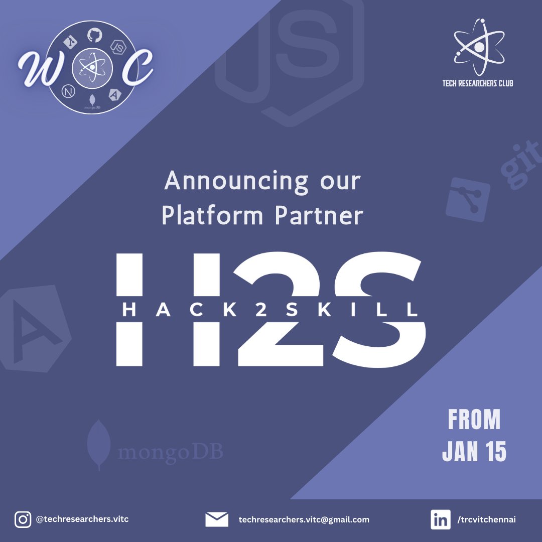 trcvit's tweet image. TRC x H2S

Introducing &apos;HACK2SKILL&apos; our platform partner of TRC&apos;s Winter of Code ❄️🏂

Stay tuned to delve into the world of open-source 💻

#hack2skill #platformpartner #TRC #winterofcode #vitvhennai #vit