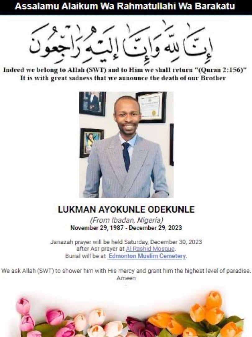 For those in &amp; around Edmonton, CA who can attend, our dear brother and friend <a href="/oddy4real/">Edmonton Harvey Specter</a> will be buried today 30th December after Asr Prayers at the Edmonton Muslim Cemetery.

May Allah forgive his sins, grant him Jannah and give the family the fortitude to bear this loss.🙏