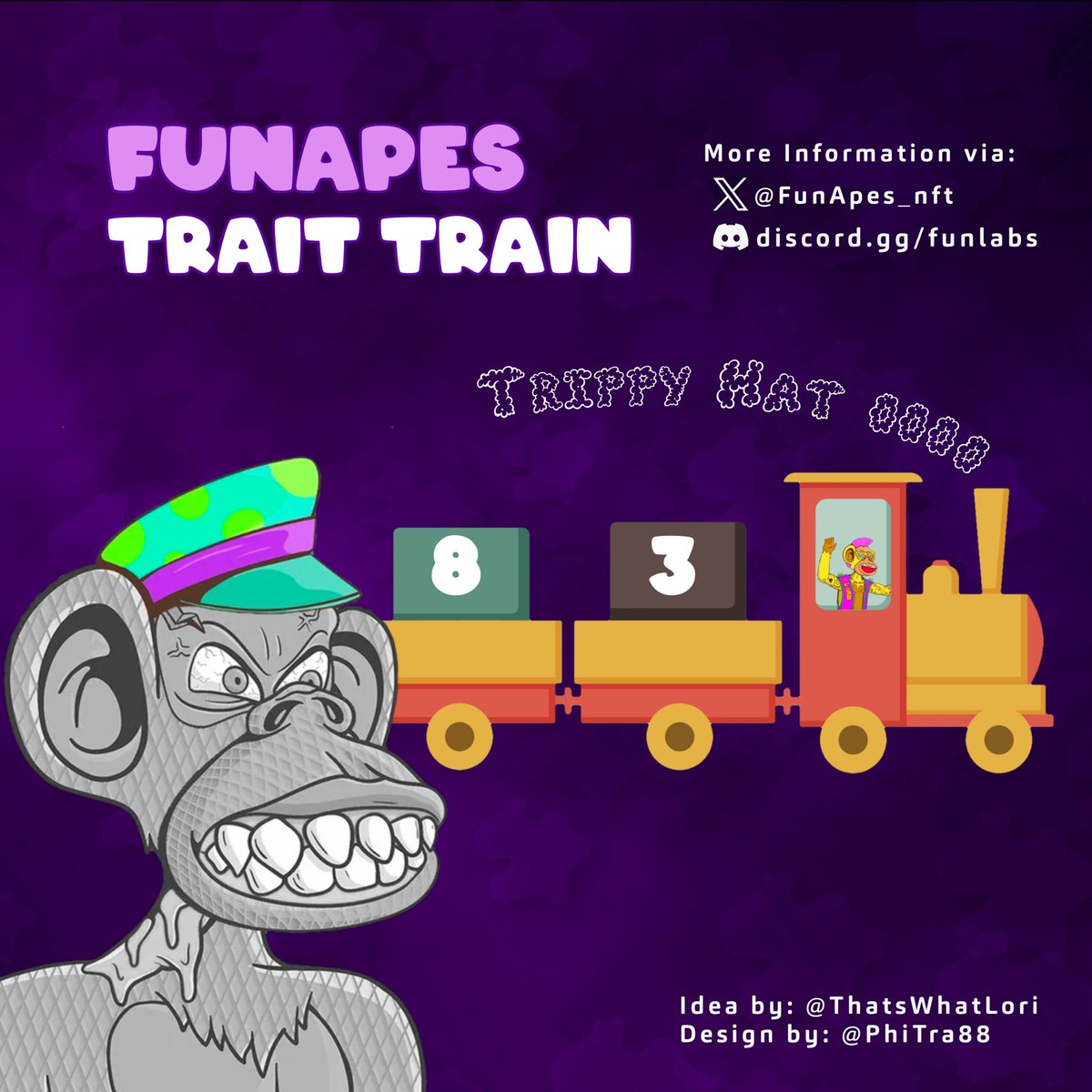 ThatsWhatLori's tweet photo. GM, #FunApesNFT Fam ๐
Welcome to day 83 of our 171 day long trait train ๐
Today we are showcasing a hat trait - Trippy Hat ๐คฉ
๐Category: hat
๐Supply: 466
๐
rarity: 5%
Post your Trippy Hat ๐คฉ
FA# 8677 owned by @SubLethalDoor https://t.co/ZWIriXHuhB